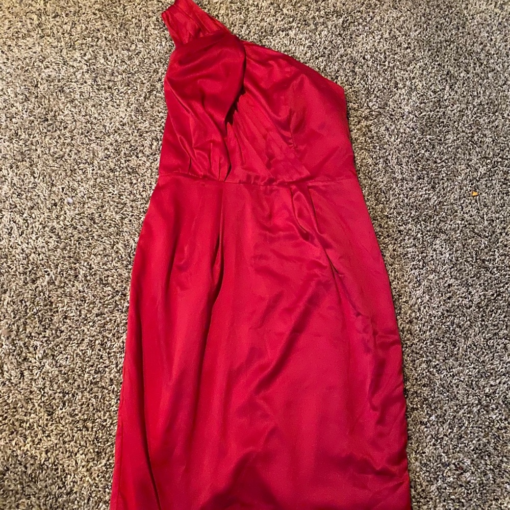 Red satin, one shoulder evening dress